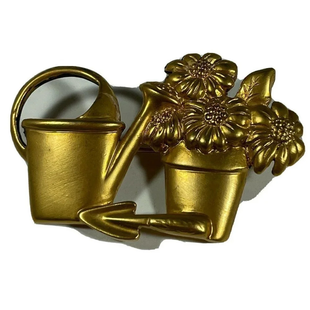 VTG Avon Gardener’s Brooch Pin Brushed Gold Tone Shovel Flower Floral Pots